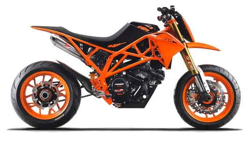 Aggressive orange street motorcycle stands poised for speed