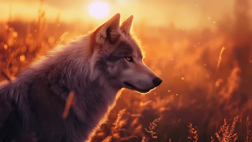Sunfire sentinel wolf bathing in ember-kissed meadow glow.