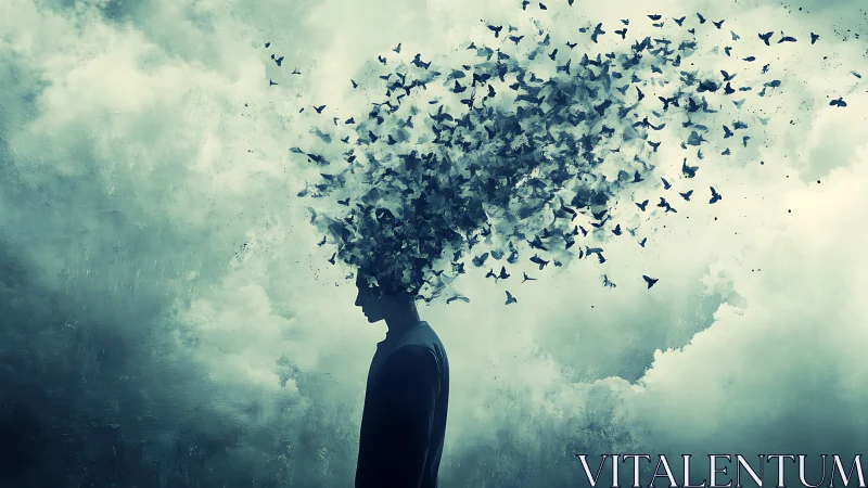 Silhouette stands as fragmented birds disperse into clouds