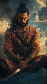 Warrior seated at sea with blade in storm conditions.
