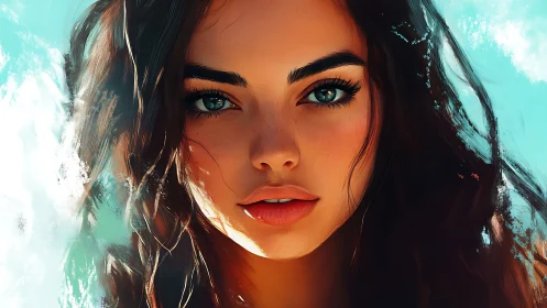Sunlit portrait of a woman with vivid teal eyes gazing ahead.