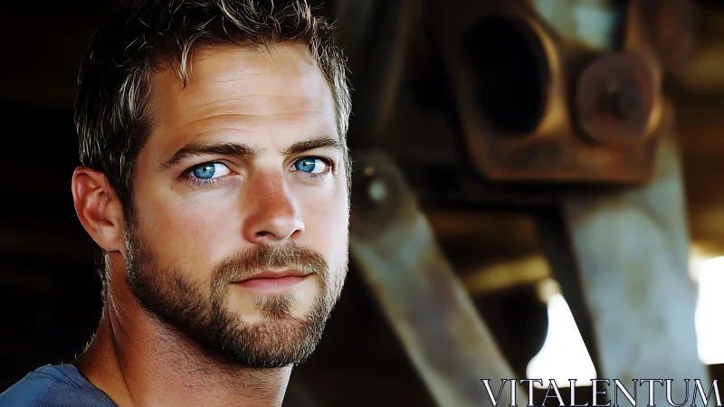 Portrait of blue-eyed man in shallow-focus industrial setting