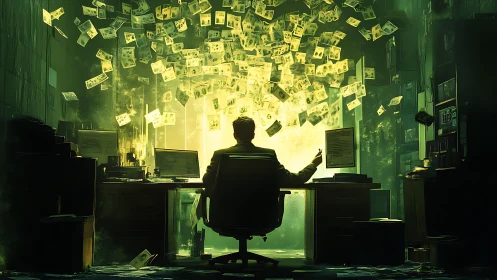 Man in dark office surrounded by floating banknotes and glow.