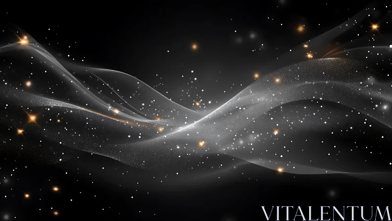 Digital painting of luminous cosmic waves and stellar particles.