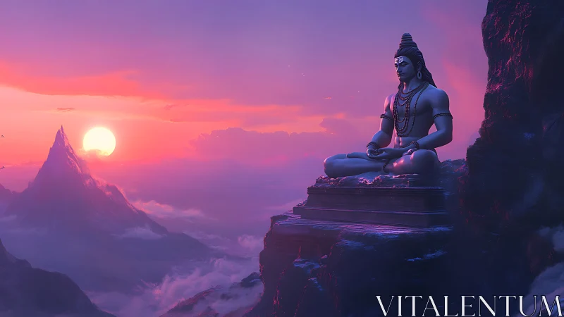 Digital painting of serene mountaintop deity at sunrise plateau.