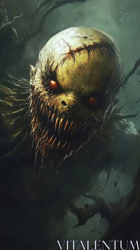 Grotesque forest demon emerges with burning predatory gaze