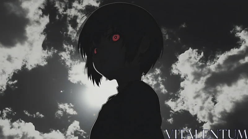 Silhouetted anime figure with glowing red eyes under storm clouds.