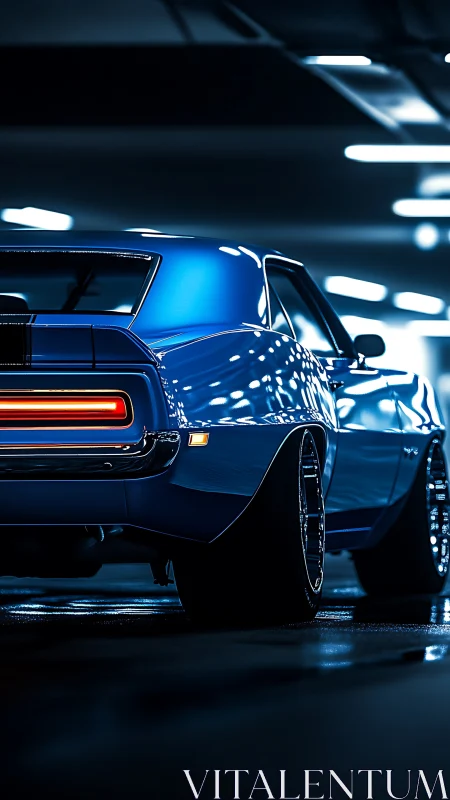 Blue classic muscle car rear view in lit parking garage.