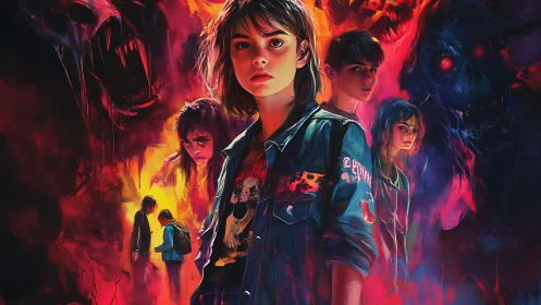 Teen horror quartet facing spectral demon entities in neon fire