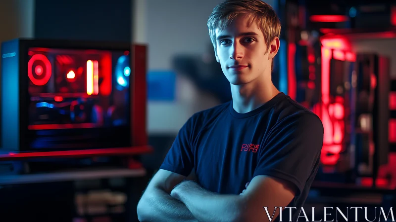 Photorealistic gamer portrait in RGB-lit esports studio.