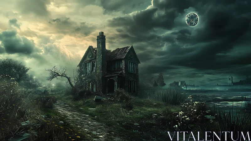 Weathered rural house beside marsh under clocklike moon.