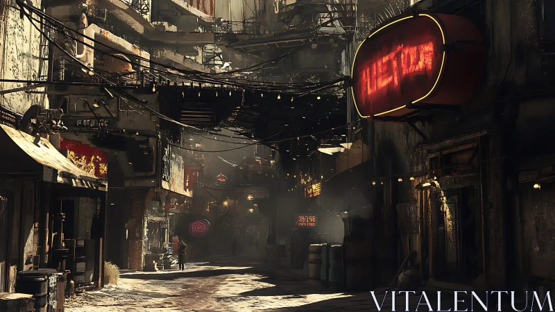 Rusted neon alley in dense dystopian cityscape at dusk.