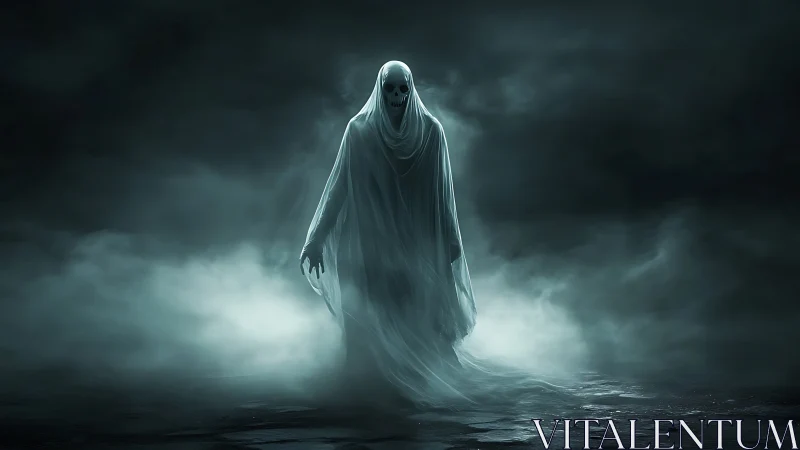 Shrouded spectral figure emerging through dense ghostly fog.