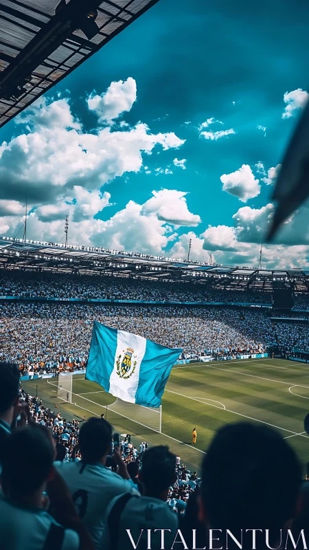 Vibrant stadium crowd with teal national flag in motion.