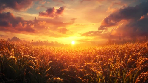 Low-angle sunset illumination across dense wheat field canopy