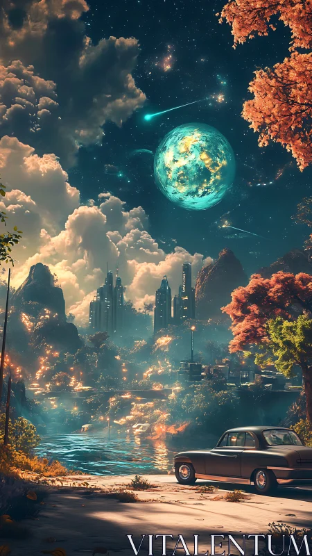 Retro sedan facing bioluminescent river and orbital planet