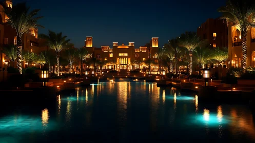Palmlit lagoon promenade under sapphire Arabian nightfall.