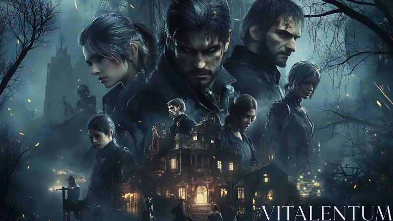 Ensemble of brooding survivors encircles haunted manor at dusk