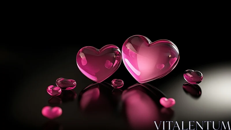 Transparent crystalline heart forms rendered with polished faceted surfaces and photorealistic refle