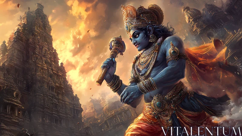 Mythic blue warrior strides past blazing temple spires.