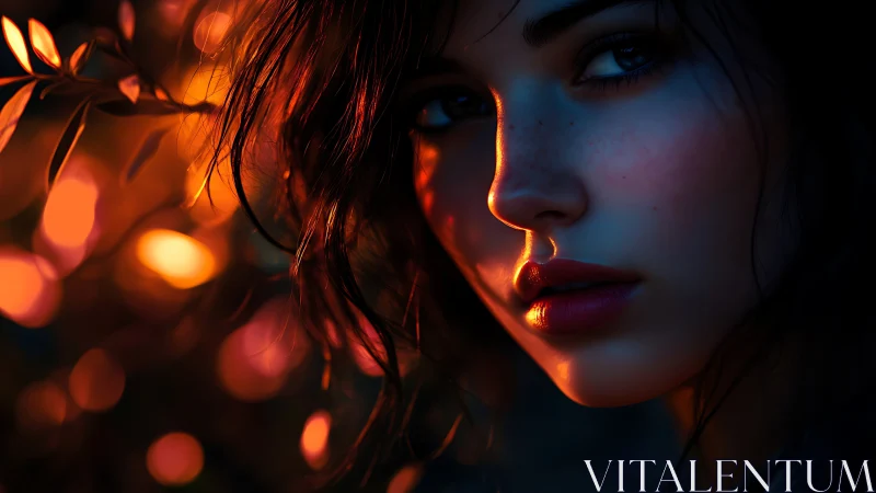 Moody portrait glows with cinematic orange teal bokeh.
