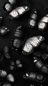 Monochrome butterflies drifting through soft shadowed void.