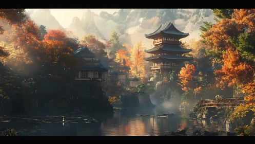 Autumn pagoda sanctuary dreaming beside a mist-kissed lake.