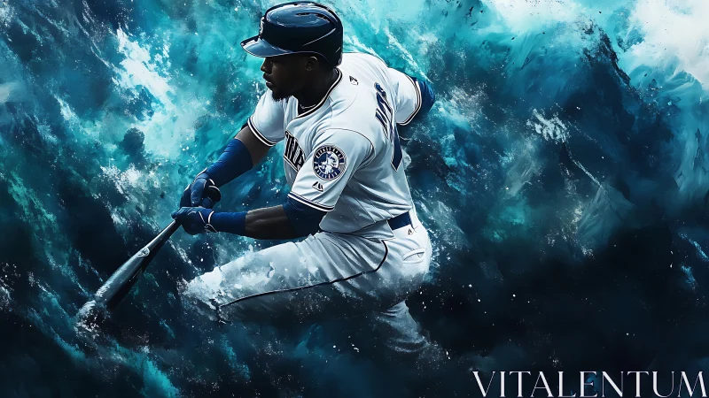 Dynamic digital painting of baseball hitter in turbulent waves.