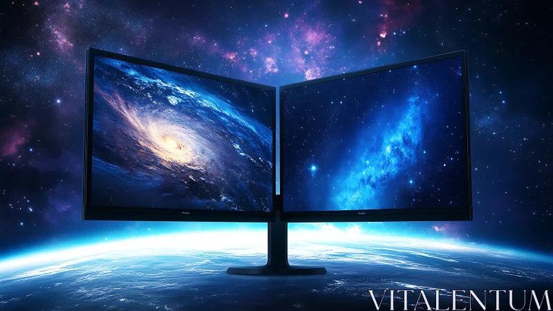 Dual orbital displays rendering astrophysical nebulae in tandem.
