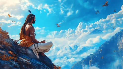 Skyborne sage in golden robes above drifting cloud realms.