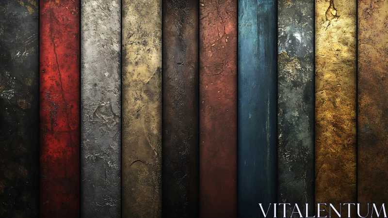 Weathered metal stripes in rich rustic jewel tones glow softly.