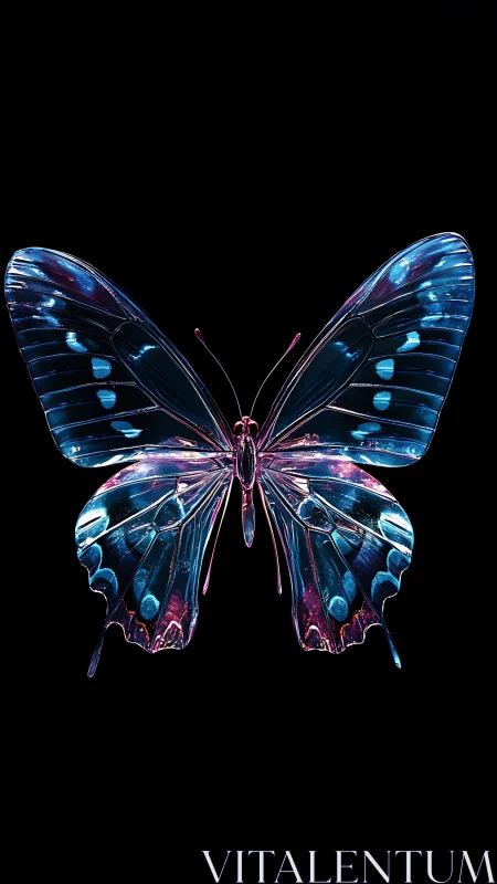 Iridescent glasswing butterfly render with neon cyan magenta lighting