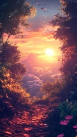 Backlit forest path opening toward volumetric sunset cloudscape