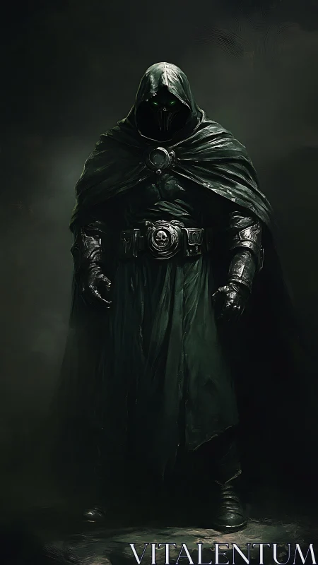 Mysterious cloaked guardian standing in swirling shadowed mist.