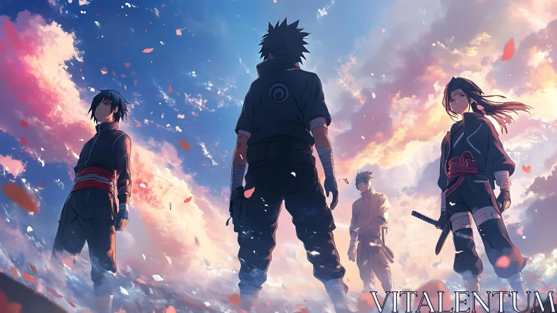 Four anime warriors stand under vivid, cloud filled sunset sky