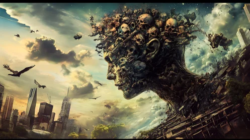 Colossal skull titan erupts above crumbling urban skyline.