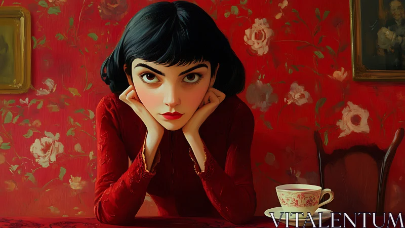 Pensive woman in red caf&eacute; interior holds an intense steady gaze