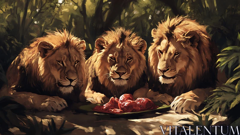 Three Lions Resting in Dappled Jungle Sanctuary With Fresh Kill