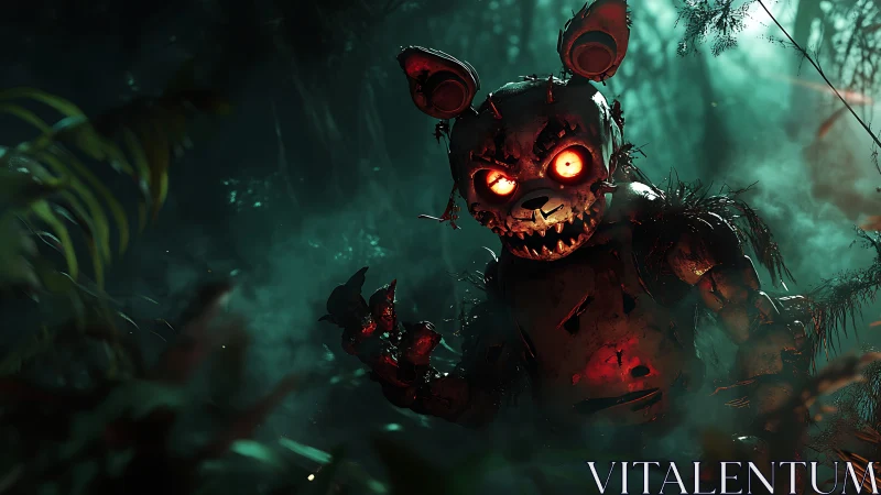 Glowing-eyed robot bunny prowls through a misty, haunted forest