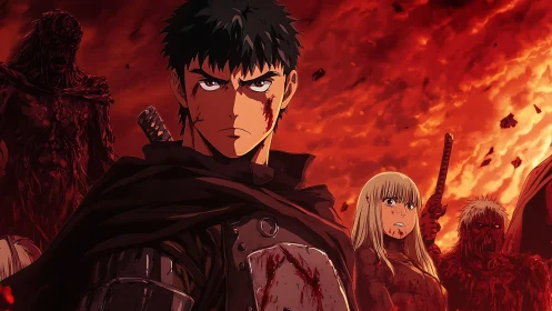 Bloodied anime swordsman leads group in burning hellscape.