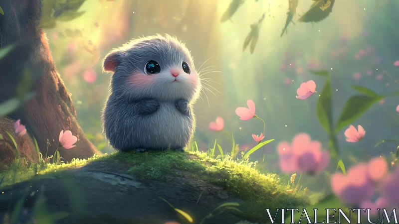 Tiny forest creature under dreamy sunlit blossoms.