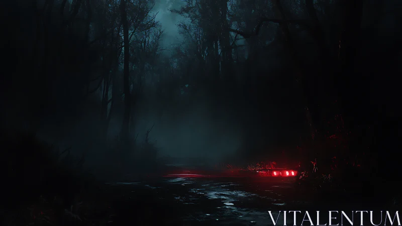 Red taillights glow on dark foggy road through dense forest.