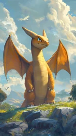 Orange dragon-like creature stands on rocky grassy hill