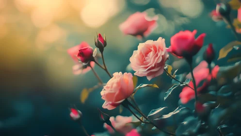 Pink roses with buds on blurred teal background