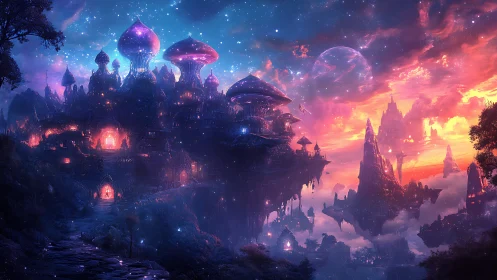 Bioluminescent skyborne citadel over fractal twilight archipelago.