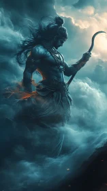 Mythic warrior figure stands within dense storm clouds