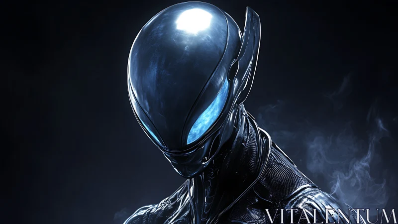Chrome alien android portrait shows reflective helmeted head