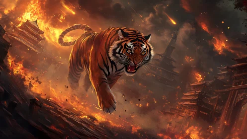 Firelit tiger sprinting through a storm of falling embers.