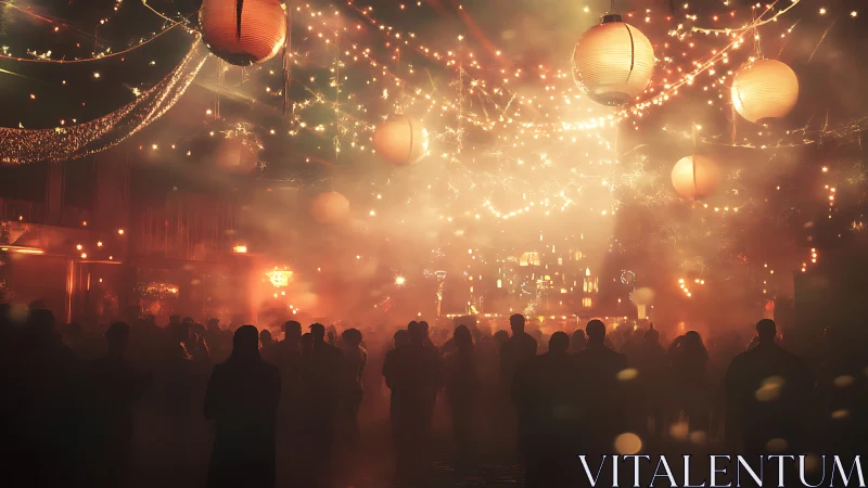 Lantern lit festival crowd under glowing night sky magic.