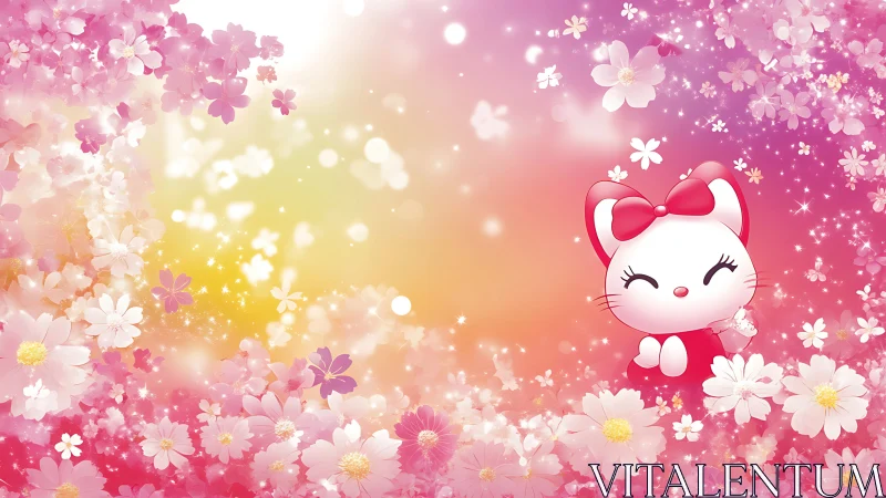 Blushing kitten drifts in sparkling pink flower confetti.